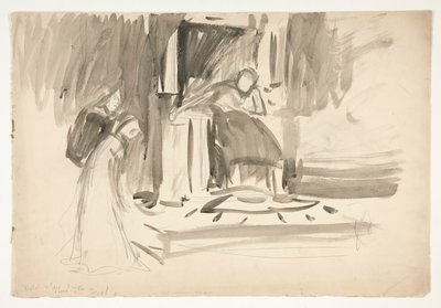 2 人の人物に挟まれた王座の人物、正体不明のシェイクスピア劇のスケッチ 作： Edwin Austin Abbey