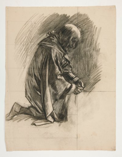 The Quest of the Holy Grail (1901 年に完成したボストン公立図書館のための 15 の絵画シリーズの 2 番目) からのランスロット卿とボールス卿の服装のガラハッドと彼の拍車の図の研究 作： Edwin Austin Abbey