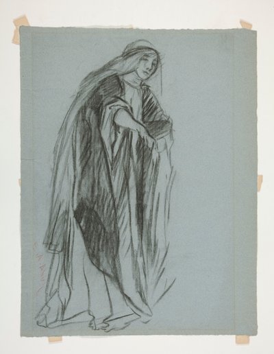 The Quest of the Holy Grail (1901 年に完成したボストン公立図書館のための 15 枚の絵画のシリーズ) からの、乙女の城 (?) の図の習作 作： Edwin Austin Abbey
