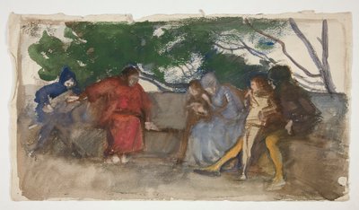 屋外のベンチに沿って座っている人物 作： Edwin Austin Abbey