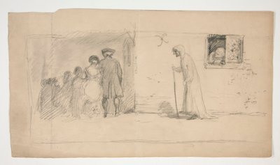 石造りの家の外の人物のグループ - 正体不明の図 作： Edwin Austin Abbey