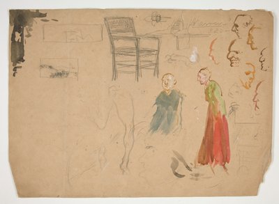 頭と図の研究、および椅子の研究（直腸）。 本のイラストのスケッチ (裏面) 作： Edwin Austin Abbey