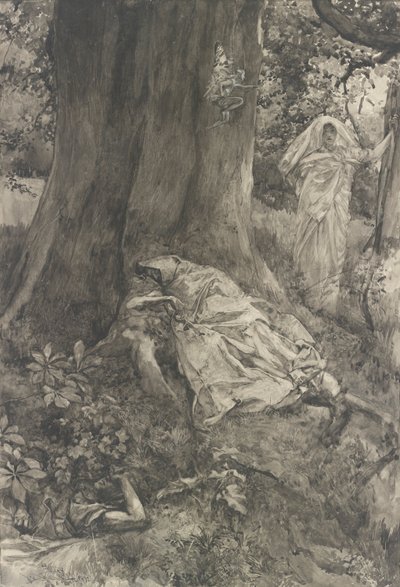 ハーミア・イン・ザ・ウッド、第3幕第2場、真夏の夜の挿絵 作： Edwin Austin Abbey
