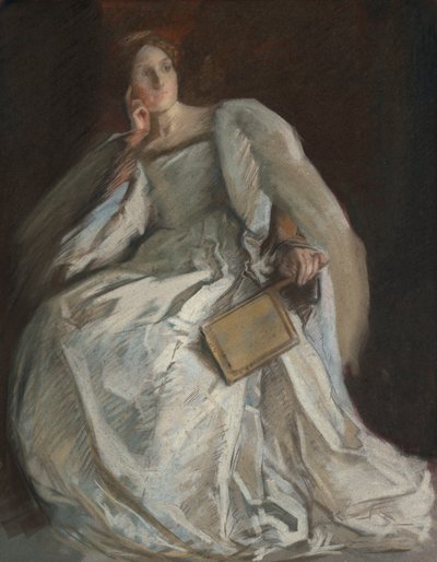 白い着席の女性。 右手からあごへ。 ファンを保持しています。 作： Edwin Austin Abbey
