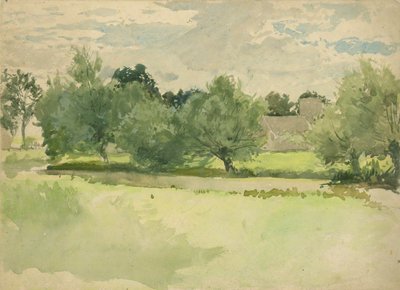 風景: 牧草地。 バック グラウンドで教会 作： Edwin Austin Abbey