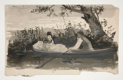 男と女の手漕ぎボート、川岸近く - 正体不明のイラスト 作： Edwin Austin Abbey