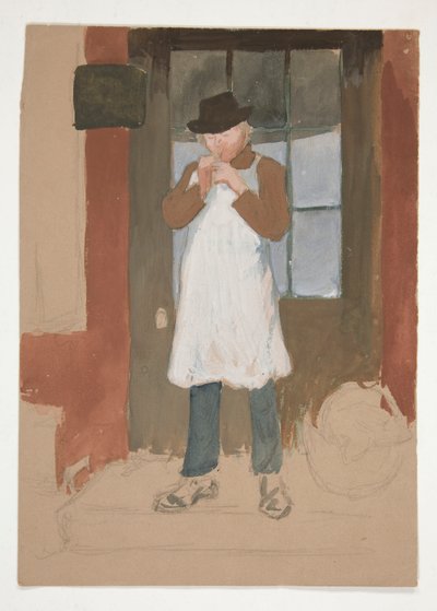 戸口のパイプに火をつける男性 – 正体不明のイラスト 作： Edwin Austin Abbey