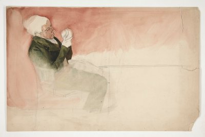 座ってボウルの中身を調べる男性 - (未確認イラスト) 作： Edwin Austin Abbey