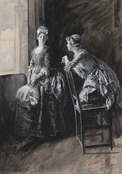 ミス・ネヴィルとミス・ハードキャッスル、オリバー・ゴールドスミスの挿絵 作： Edwin Austin Abbey