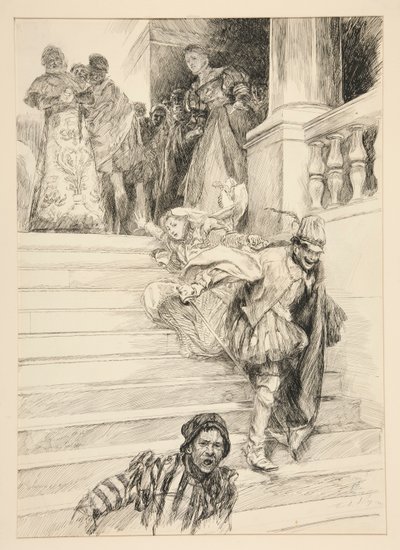 ペトルーチオは、第 3 幕、第 2 場、じゃじゃ馬ならしから、花嫁を引き離します。 作： Edwin Austin Abbey