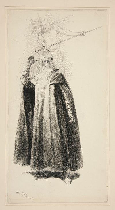 プロスペローとアリエル、第 5 幕、第 1 場、テンペストのイラスト 作： Edwin Austin Abbey