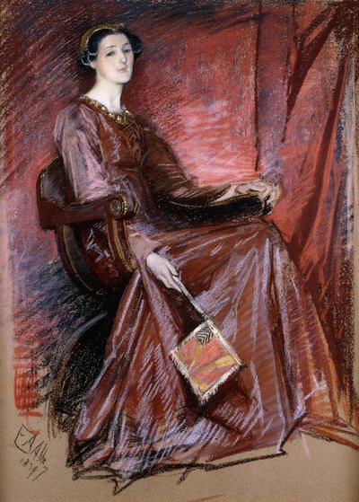 エリザベス朝の頭飾りを身に着けている着席女性、1897 作： Edwin Austin Abbey