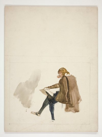 茶色のマントを着た若い男が座り、読書 - 正体不明のイラスト 作： Edwin Austin Abbey