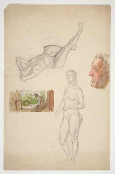 スケッチ シート: 2 人の裸の女性、男性の横顔、室内に座っている人物 作： Edwin Austin Abbey