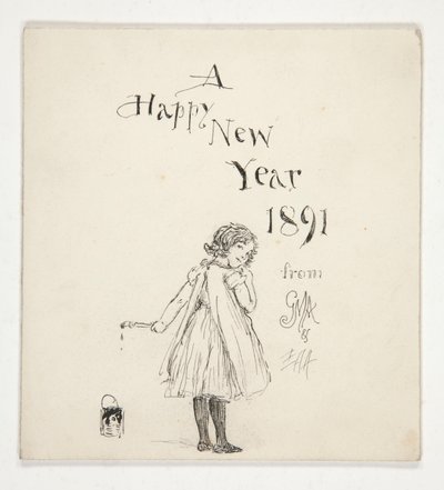 グリーティング カードのスケッチ: A Happy New Year 1891 from M.G.A. とE.A.A. 作： Edwin Austin Abbey
