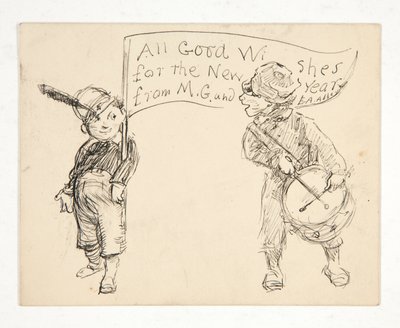 グリーティング カードのスケッチ: M.G. からの新年のすべての良い願い とE.A. 修道院 作： Edwin Austin Abbey