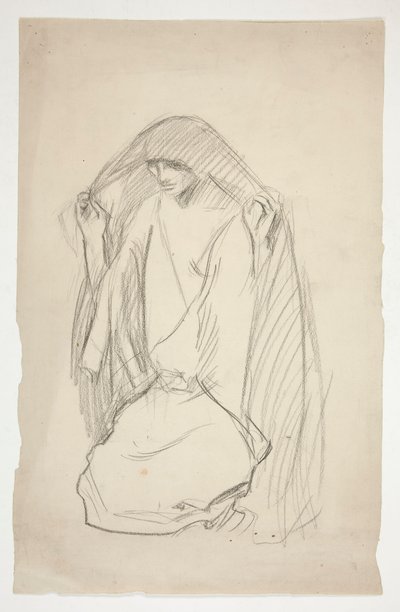 十字架上の三人のマリアに祈りを捧げるマントをまとった女性像のスケッチ 作： Edwin Austin Abbey