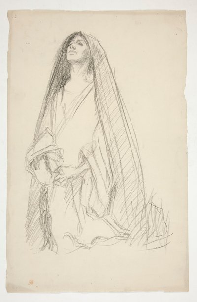 十字架上の三人のマリアに祈りを捧げるマントをまとった女性像のスケッチ 作： Edwin Austin Abbey