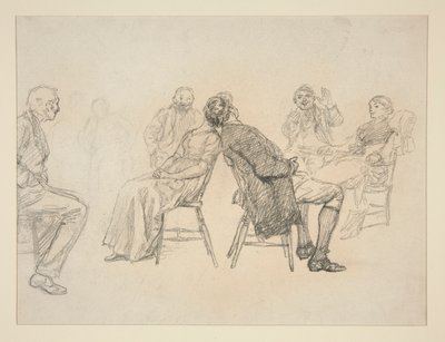室内で見物人に囲まれてゲームをしているカップルのスケッチ (?) - 正体不明のイラスト 作： Edwin Austin Abbey
