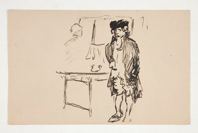 テーブルの横にある革命的なドレスを着た男性のスケッチ 作： Edwin Austin Abbey