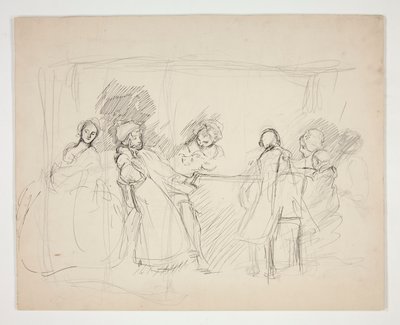 テーブルを囲む人物のスケッチ - 正体不明の演劇用イラスト (?) 作： Edwin Austin Abbey