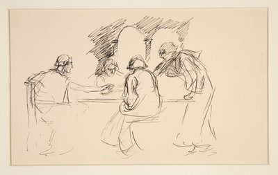 テーブルで中世のドレスを着た 4 人の男性のスケッチ - 正体不明のイラスト、おそらく 作： Edwin Austin Abbey