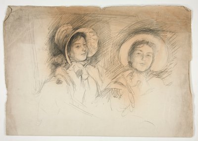ボンネットを着た 2 人の若い女性のスケッチ (身元不明のシッター) 作： Edwin Austin Abbey