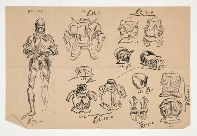 各アイテムの下に英国ポンドでの価格が記載された鎧のスケッチ 作： Edwin Austin Abbey