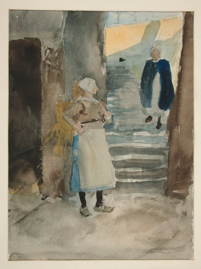 2 つのフィッシュワイフとストリート シーン - 正体不明の図 作： Edwin Austin Abbey