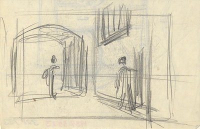 フィギュアのあるストリートシーン（レクト）; 建築研究 (裏面) 作： Edwin Austin Abbey