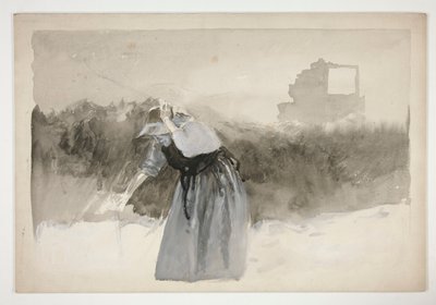 寄りかかるボンネット姿の女性の習作 - (未確認イラスト) 作： Edwin Austin Abbey