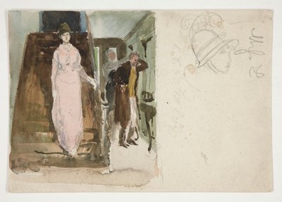 インテリアの研究: 夜に出発する準備をしているカップル 作： Edwin Austin Abbey