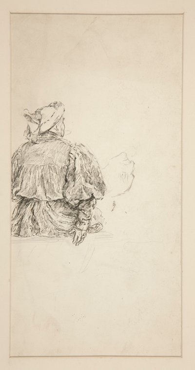 シェイクスピアのシーンのための、15 世紀の衣装を着た座っている男性の背中の習作。 作： Edwin Austin Abbey