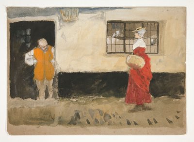 ストリート シーン、ドアの男性、赤いドレスの女性の研究。 作： Edwin Austin Abbey