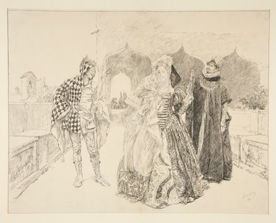 道化師とマルヴォーリオ、第 1 幕、第 5 場、十二夜の挿絵 作： Edwin Austin Abbey
