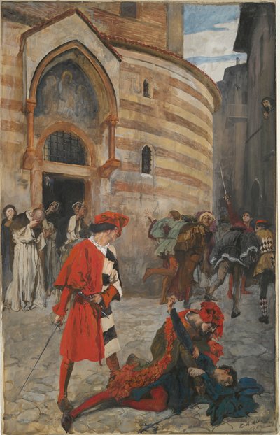 マキューシオの死 - 第 3 幕、第 1 場、ロミオとジュリエット 作： Edwin Austin Abbey