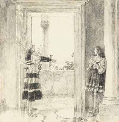 ヴァレンタインを追放する公爵、第 3 幕第 1 場、ヴェローナの 2 人の紳士より 作： Edwin Austin Abbey