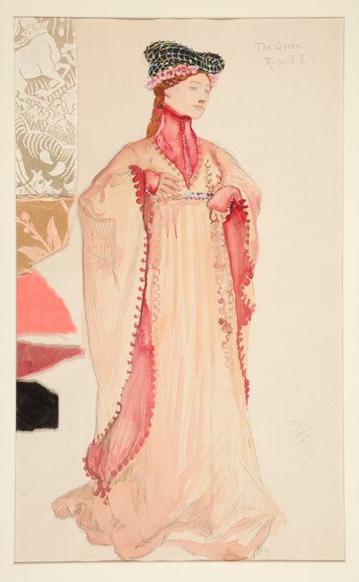 女王（ピンク）、ヘンリー・アーヴィングの衣装スケッチ 作： Edwin Austin Abbey