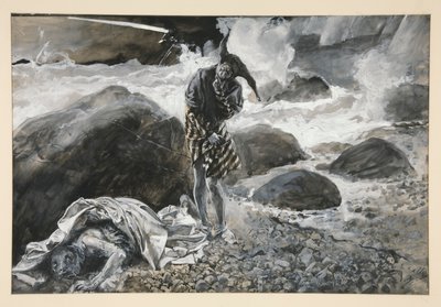 トリンキュロとキャリバン、第 2 幕、第 2 場、テンペストのイラスト 作： Edwin Austin Abbey