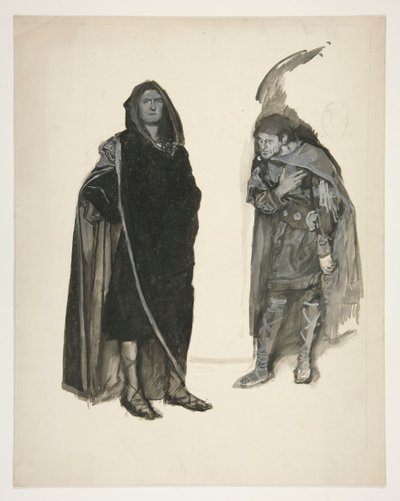 マントをまとった 2 人の男性、正体不明のシェイクスピア劇のスケッチ 作： Edwin Austin Abbey