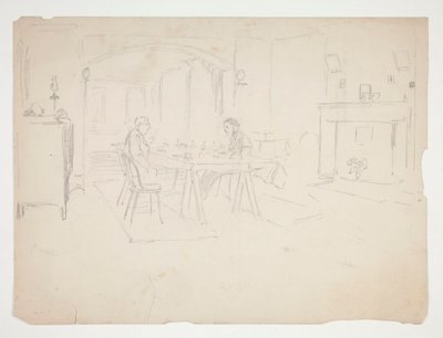インテリアのテーブルで 2 人の男性 作： Edwin Austin Abbey