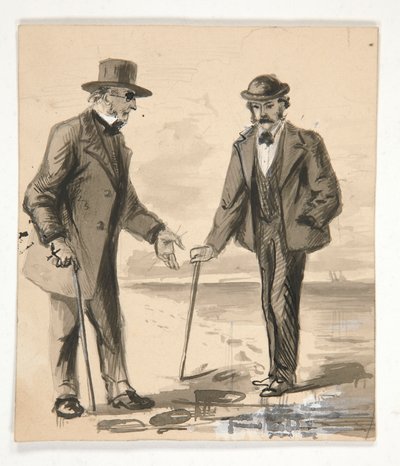 海岸で会話する 2 人の男性 - 正体不明の図 作： Edwin Austin Abbey