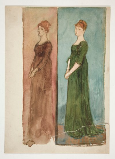 女性の 2 つのスケッチ (赤い服、緑の服を着ている) - 演劇のための衣装研究? 作： Edwin Austin Abbey