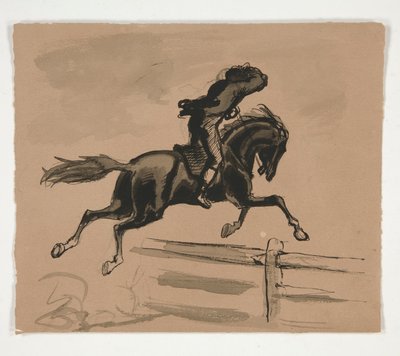 フェンスをジャンプするライダーの正体不明のイラスト (レクト); 老人のフィギュアスタディ（裏面） 作： Edwin Austin Abbey