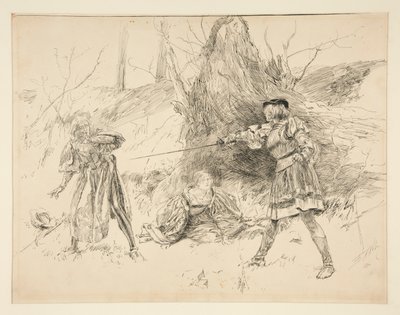 ヴァレンタインはシルヴィアを救出する、第五幕、第四場、ヴェローナの二人の紳士より 作： Edwin Austin Abbey