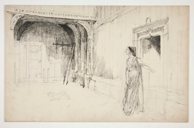 室内の女性と犬 - (未確認の劇中イラスト?) 作： Edwin Austin Abbey
