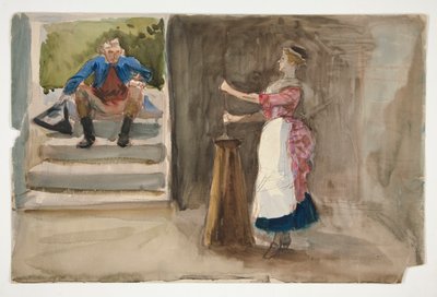 バターをかき混ぜる女性、革命服を着た男性が見守る - (未確認イラスト) 作： Edwin Austin Abbey
