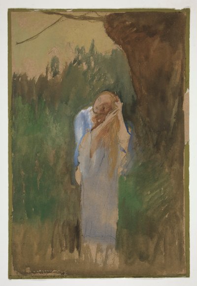 長いブロンドの髪を梳く風景の中の女性 - (イラスト未確認) 作： Edwin Austin Abbey
