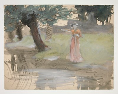 川岸に立つ女性 - 正体不明のイラスト 作： Edwin Austin Abbey