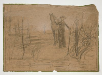 風景 - 正体不明の図で馬を持つ女性 作： Edwin Austin Abbey